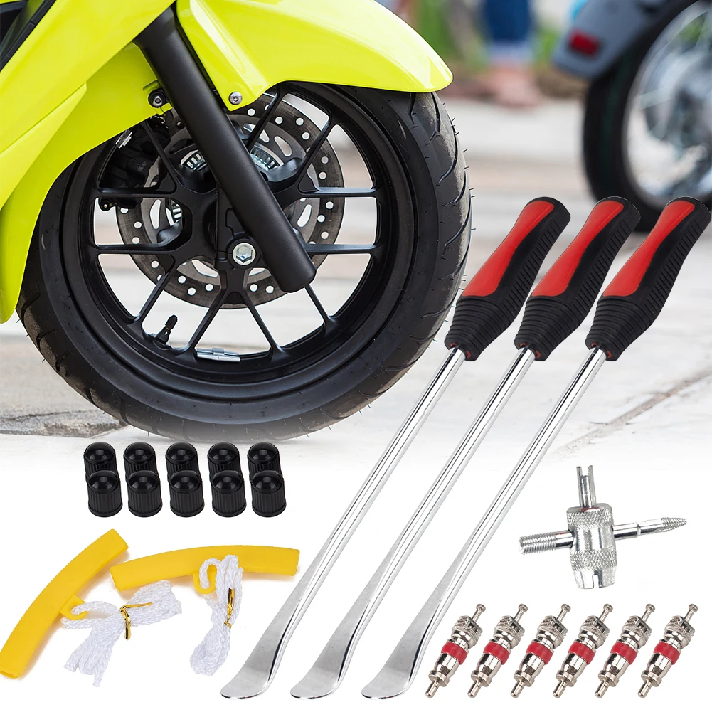 

Motorcycle Bike Car Tire Irons Tool Kit 3pcs Car Bike Tire Levers with 2 Rim Protectors 10 Valve Caps 6 Valve Cores