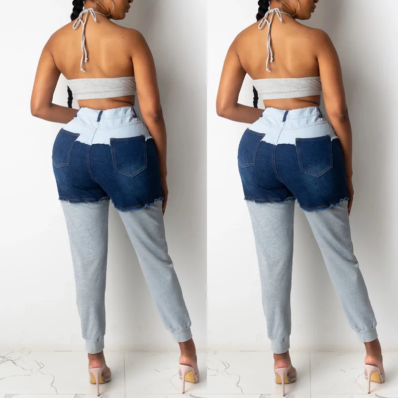 

CHRONSTYLEWomen Jeans Pants 2021 New Fashion Patchwork High Waist Casual Denim Sport Trousers Club Streetwear Pockets Bottoms
