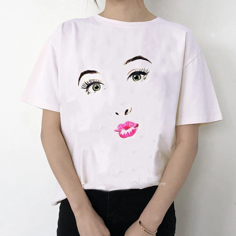 

funny Audrey Hepburn face print t shirt women Eyelashes Pink lips tshirt femme vogue white female t-shirt summer tops tee shirt