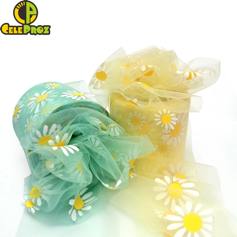 

6cm Daisy Flower Tulle Ribbon Roll For DIY Handmade Craft Hair Ornament Baking Decoration Sunflower Printed Mesh Fabric Supplies