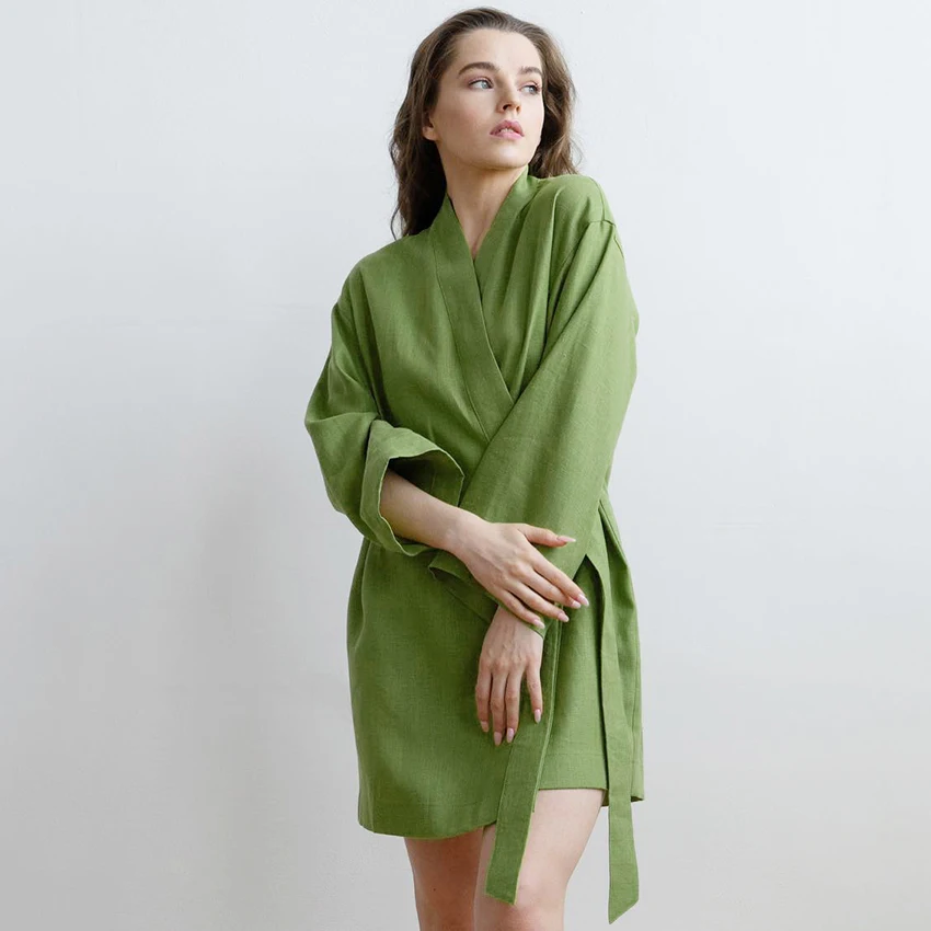 

Халат женский хлопковый с длинным рукавом и V-образным вырезом, на шнуровке