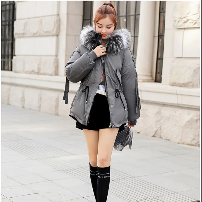 

JCHB 2021 Winter Short Warm Hooded Woman Coats and Jackets Pockets Fur Collar Female Padded Jacket Cotton Solid Parkas Mujer Inv