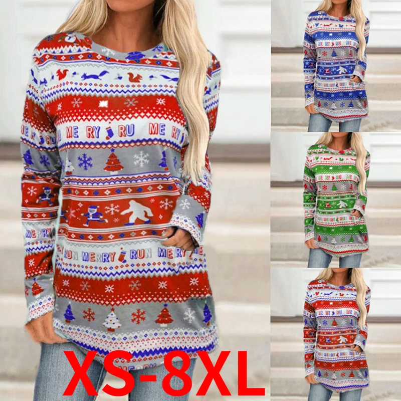 

Autumn and Winter Fashion Women's Long-sleeved T-shirt Loose Bottoming Shirt Christmas Sweater Santa Print T-shirt Top Plus Size