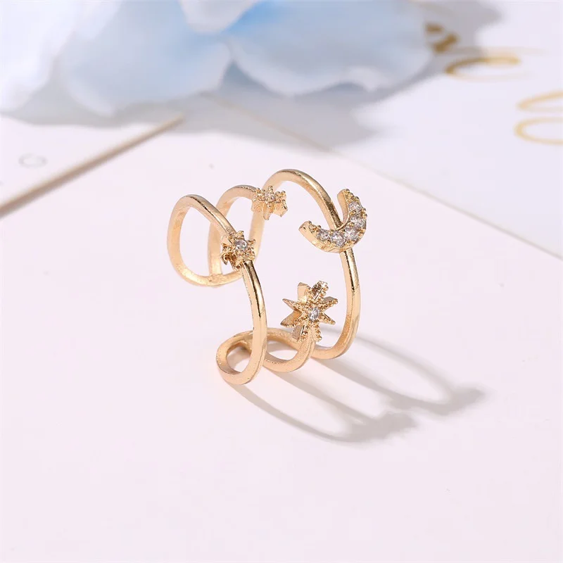

Creative Gold Color 3-layers Open Ring Fashion Ladies Adjustable Crystal Hollow Stars Moon Rings Jewelry Gifts for Lovers Women