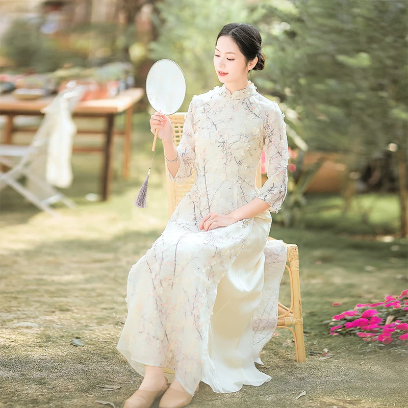 

Chinese style retro standing collar fairy Chinese style three-dimensional flower long modified aodai cheongsam dress