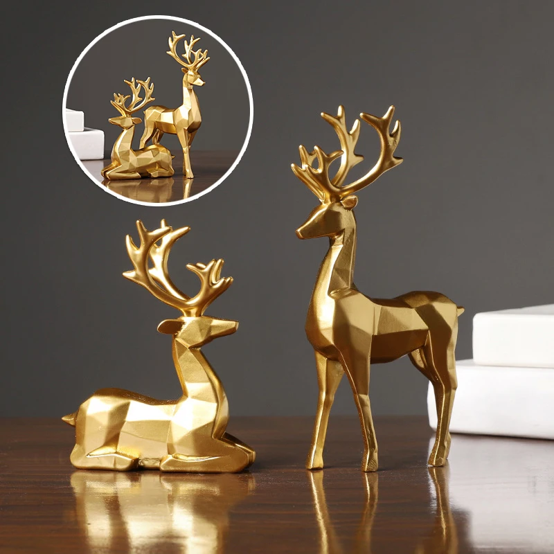 

2021 1 Pair Christmas Nordic Reindeer Figurines Classic Small Resin Sitting Standing Deer Statues for Home Office Decoration
