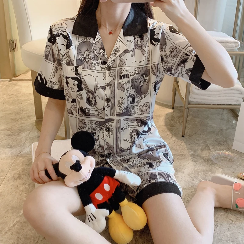 Женская пижама размера плюс Летняя шелковая с принтом|Комплекты пижам| |