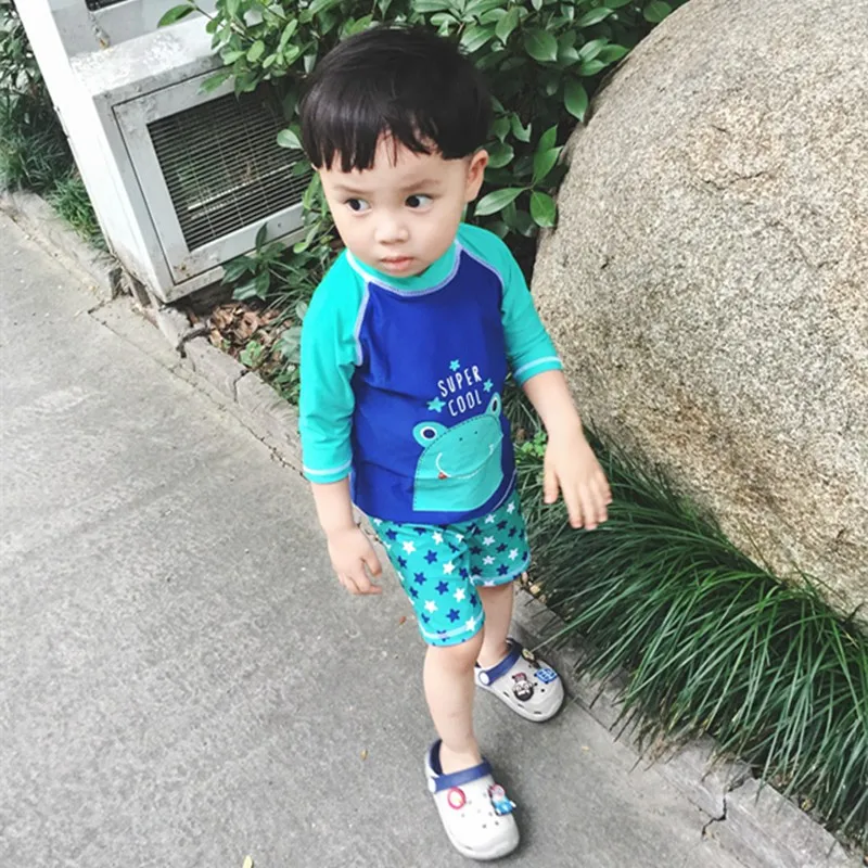 Kids Swimwear Children Swimming Suit Baby Boys UV Swim Suits Child Boy Bathing Suit Long Sleeve Cartoon Frog Print Beachwear