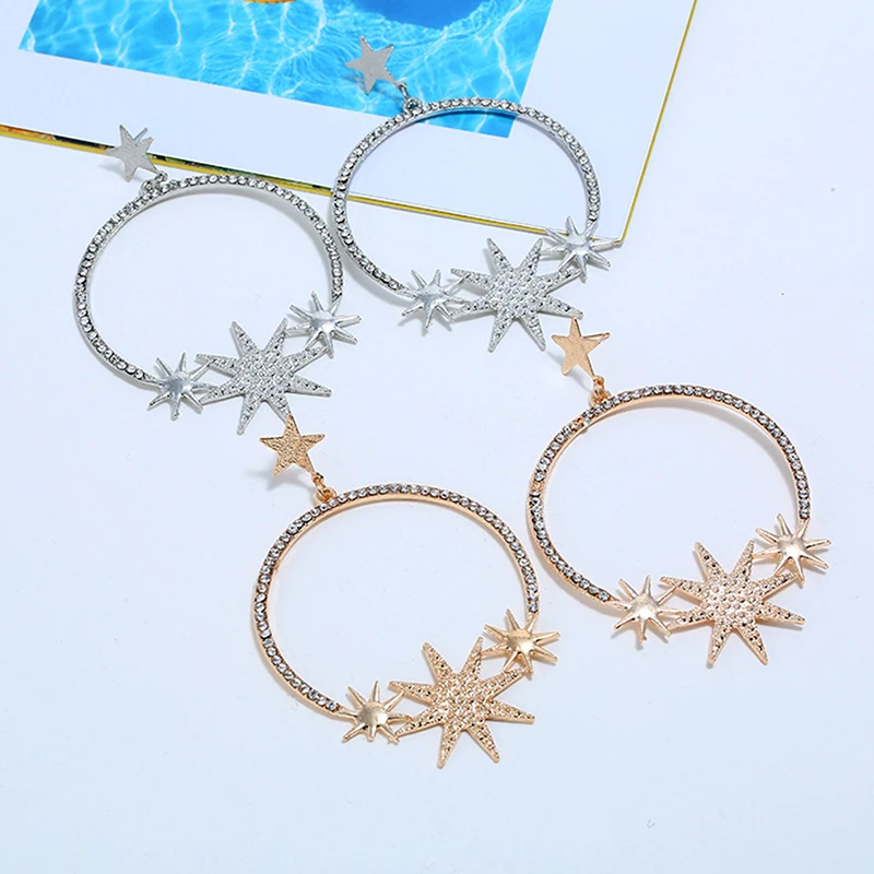 Shiny Rhinestone Big Round Circle Women Earring Fashion Crystal Star Pendant Earrings Jewelry Gift | Украшения и аксессуары