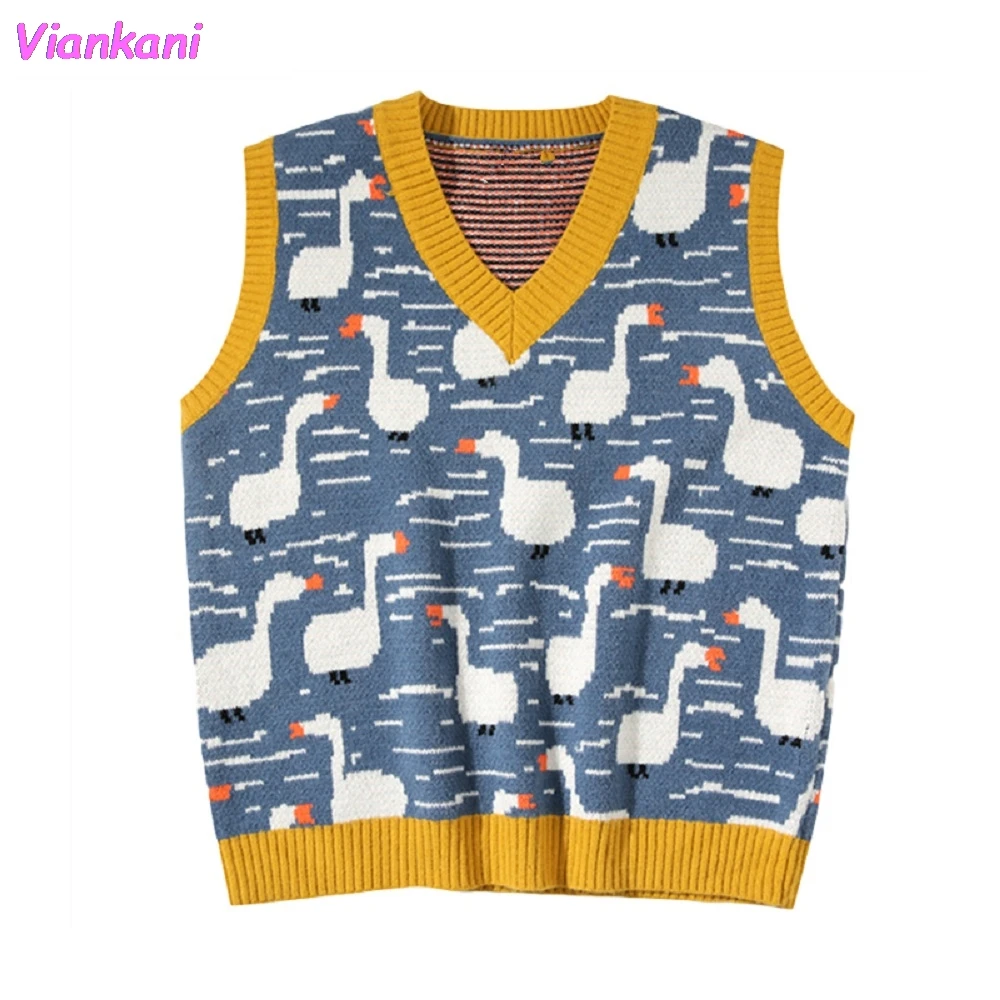 

Kawaii Women Sweater Vest Chic Cartoon Duck Embroidery Jacquard Knitwear 2021 Winter Sleeveless V-neck Sweet Girl Pullovers Top