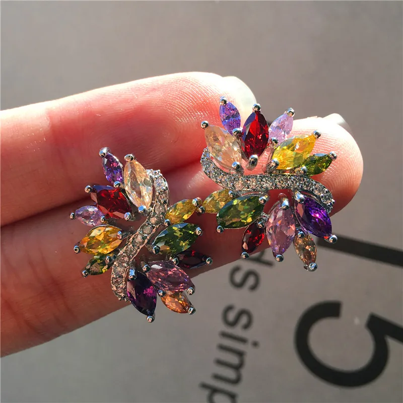 

Luxury Female Black Purple Red Stone Earrings Rainbow Rose Gold Color Earrings Wedding Jewelry Big Boho Stud Earrings For Women