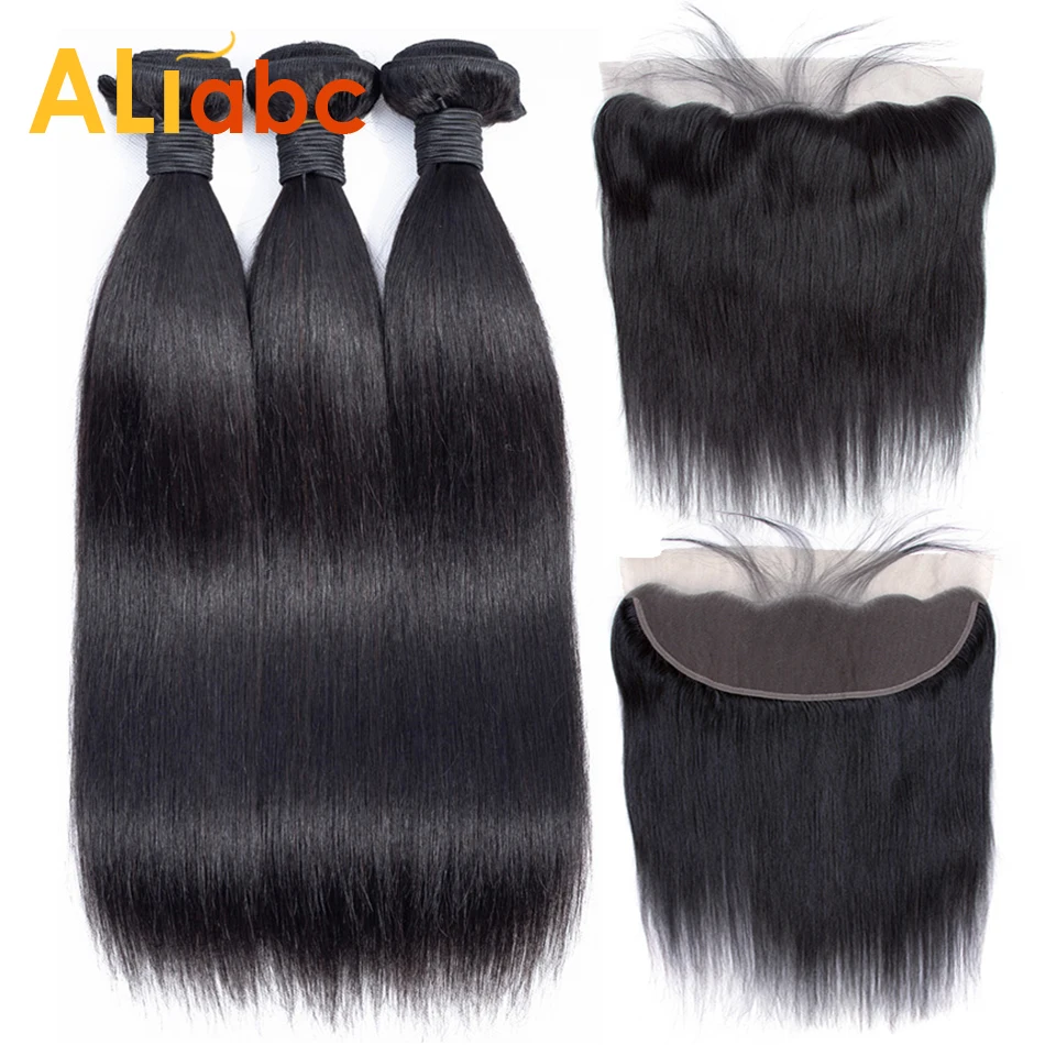 Aliabc бразильские прямые волосы плетение 3 пучка с фронтальным кружевом Закрытие