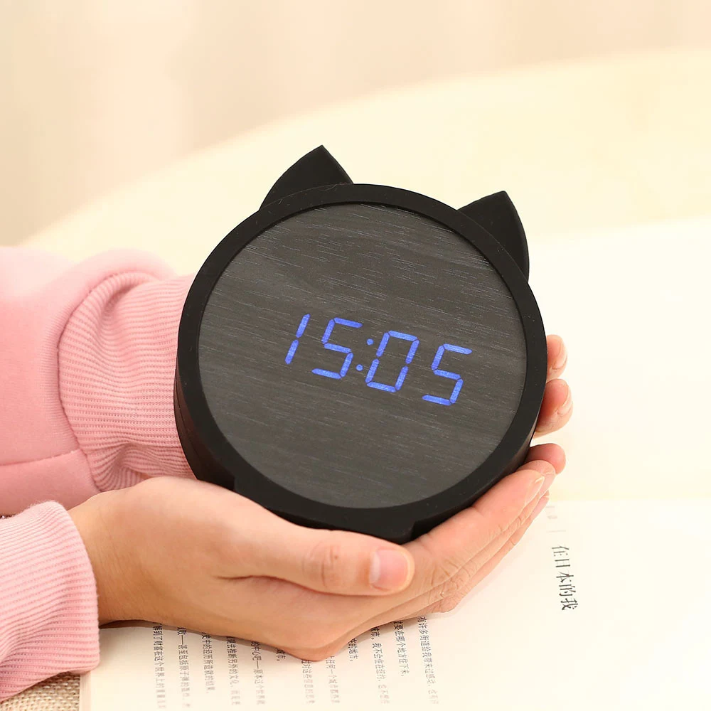 Светодиодный цифровой будильник Cat деревянный электронный светодиодный