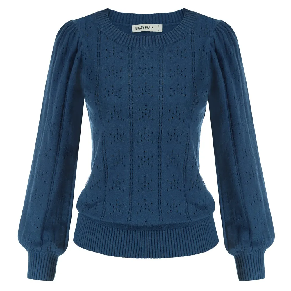 

GK Women Hollowed-Out Sweater Puffed Long Sleeve Crew Neck Knitwear Vintage Clothes Ladies Winter Warm Bottom Shirts Comfy Under