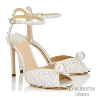 summer sweet beige pearl hollow fish mouth fine high heeled bridal wedding shoes large size banquet dress female sandals