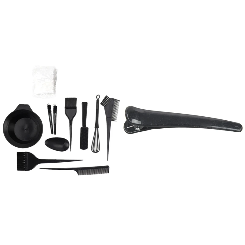 

10 Pcs Black Plastic Hair Clip 3.1inch Long with 12PCS Hair Color Dye Bowl Comb Brushes Tool Kit Set