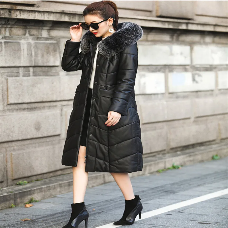 Leather Down Jacket Female Long Section 2020 New Slim Sheep Belt Cap Fox Fur Collar Female Big size High Quality Leather Jacket