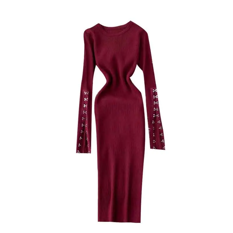 

Fashion Chic Knitted Dress Women Snap Button Long Sleeve Split O Neck Dress Autumn Winter Elastic Bodycon Sweater Dress