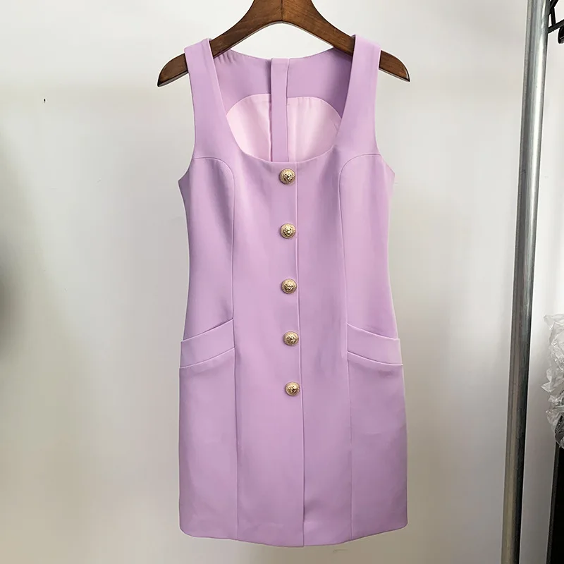 

2021 Star New Lion Button Square Collar Temperament Slim Vest Dress