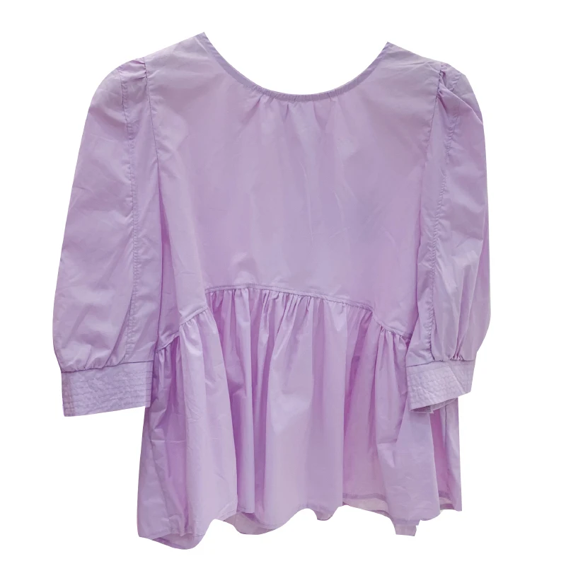 

South Korea Dongdaemun 2021 Spring/Summer New Puff Sleeve Sweet Hem Pullover round Neck Slim Fit Small Shirt Top Trendy Women