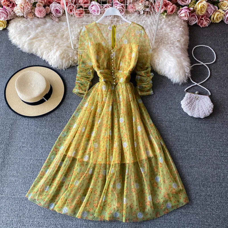 

ZCWXM Dresses Woman Party Night 2021 Spring Autumn French Vintage Mesh Ladies Printed Pearl Button Bohemian Vestidos Elegantes