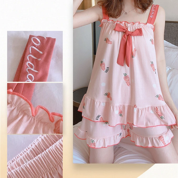 

Women Pajamas Sets Spring Summer Sleeveless Thin Cartoon Print Cute Sleepwear Sling Tie Comfy Home Leisure Mujer Pajama Suit