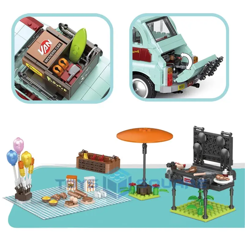 

The Green Trailer Picnic Car RV Motorhome Model Building Blocks MOC Bricks Set Gifts Educational Toys For Children