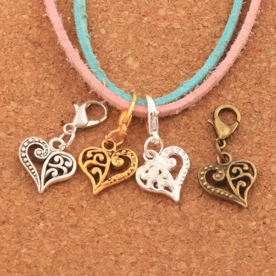 Open Flower Heart Lobster Claw Clasp Charm Beads 12.9x27.5mm 4Colors 100pcs zinc alloy Bronze  Jewelry DIY C919