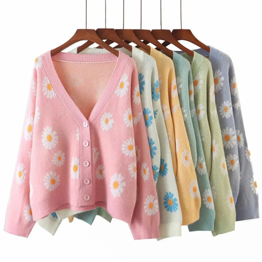 

ZOTTSOZ Knitted Daisy Cardigan Sweater Women 2021 Harajuku Casual Jumpers Coats Fashion Loose Streetwear Knitwear Outwear Tops