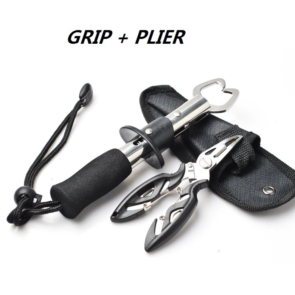 

Portable Fish Lip Grabber Gripper Set Grip Holder Tool Stainless Steel Fishing Grip Set with Wrist Strap and Black Clamp