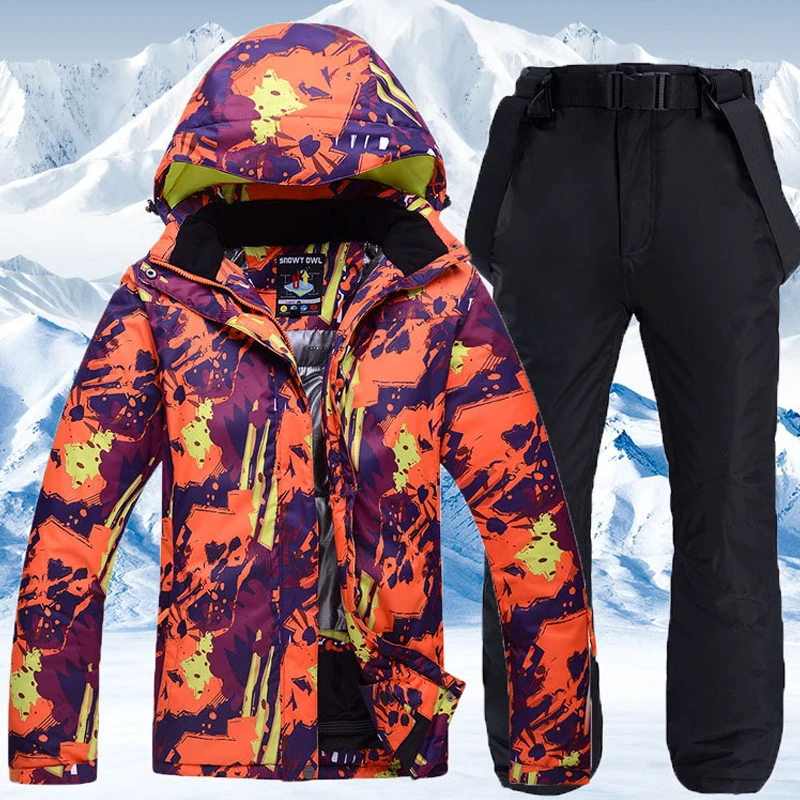 

Women Men Colorful Print Hooded Ski Suit Snowboard Jacket Windproof Waterproof Winter Clothing Skiing Jacket Pant Suit