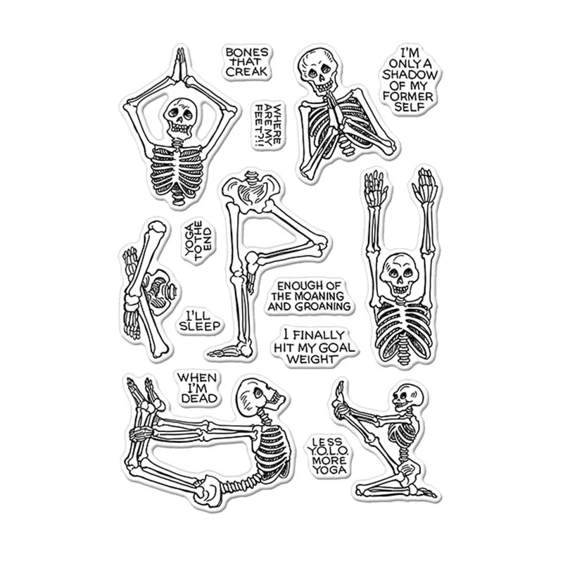 Прозрачные штампы в виде черепа человека делающего йогу и фразы на Хэллоуин для