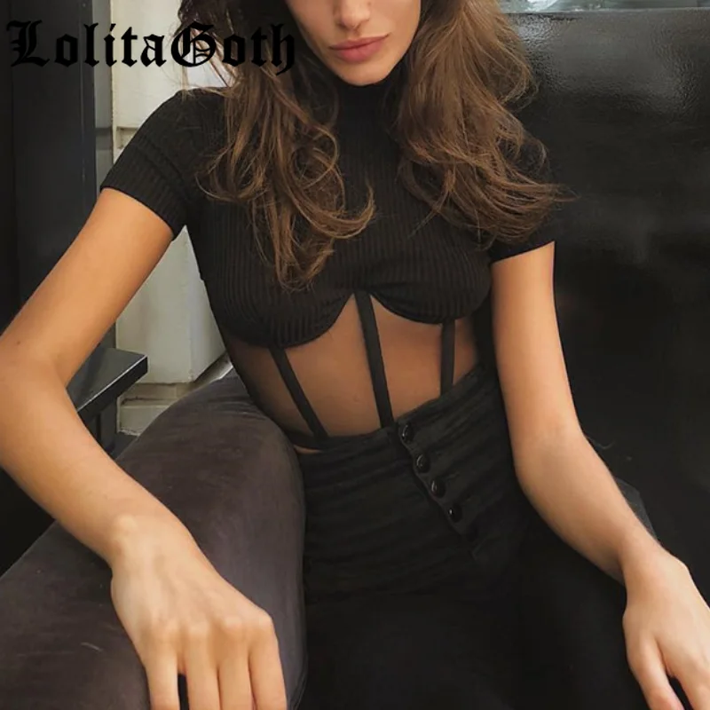 

Lolita Goth Women Dark Academia Short Sleeve Sexy T-shirt Sexy Mesh Patchwork Corset Crop Tee Tops Gothic Street Y2k T-shirt