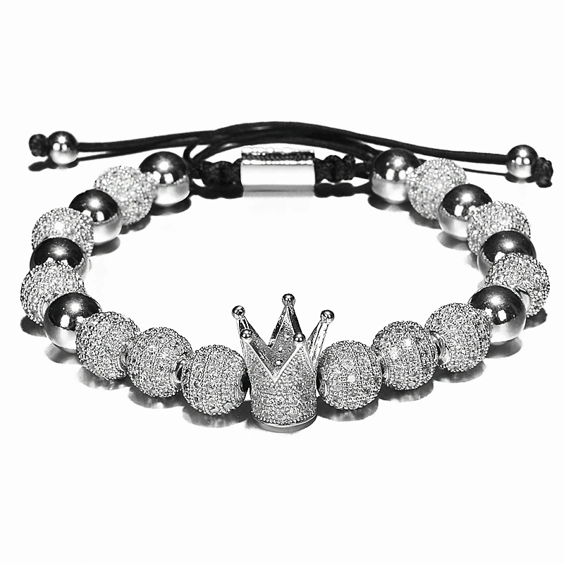 Crown Silver A Роскошные браслеты мужские 8 мм Micro Pave CZ круглый плетеный макраме браслет Pulseira Feminina ювелирные изделия ручной работы для женщин подарок - Окраска металла: Crown Silver A