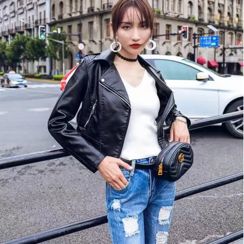 Женская мотоциклетная куртка из ПУ кожи черная или розовая приталенная