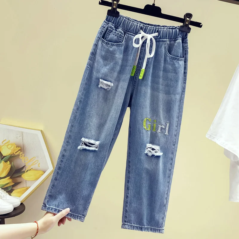 Женские рваные джинсы с высокой талией вышивкой и эластичной резинкой на талии