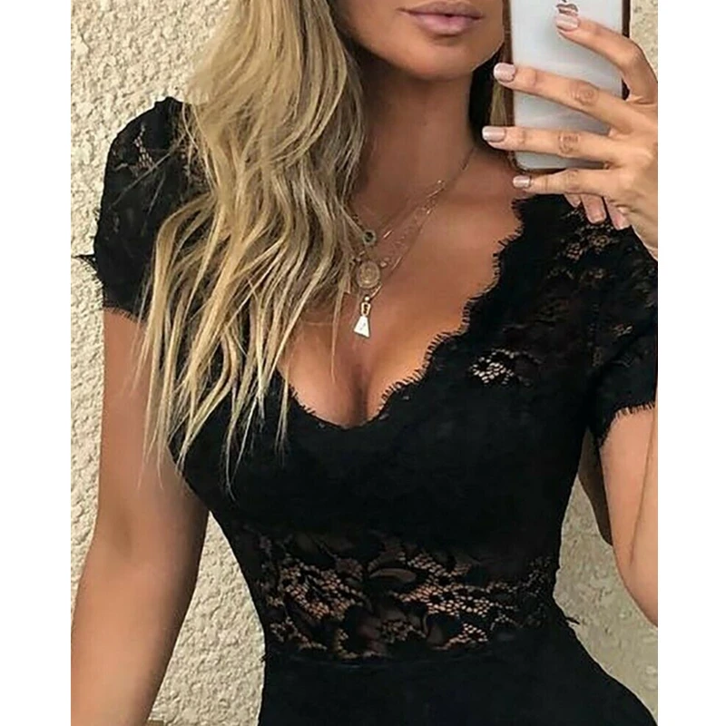 

Sexy Women Floral Lace Playsuit Jumpsuit Summer Sexy V Neck Short Sleeve Slim Playsuits Rompers Lady Chic Party Bodycon Leotard