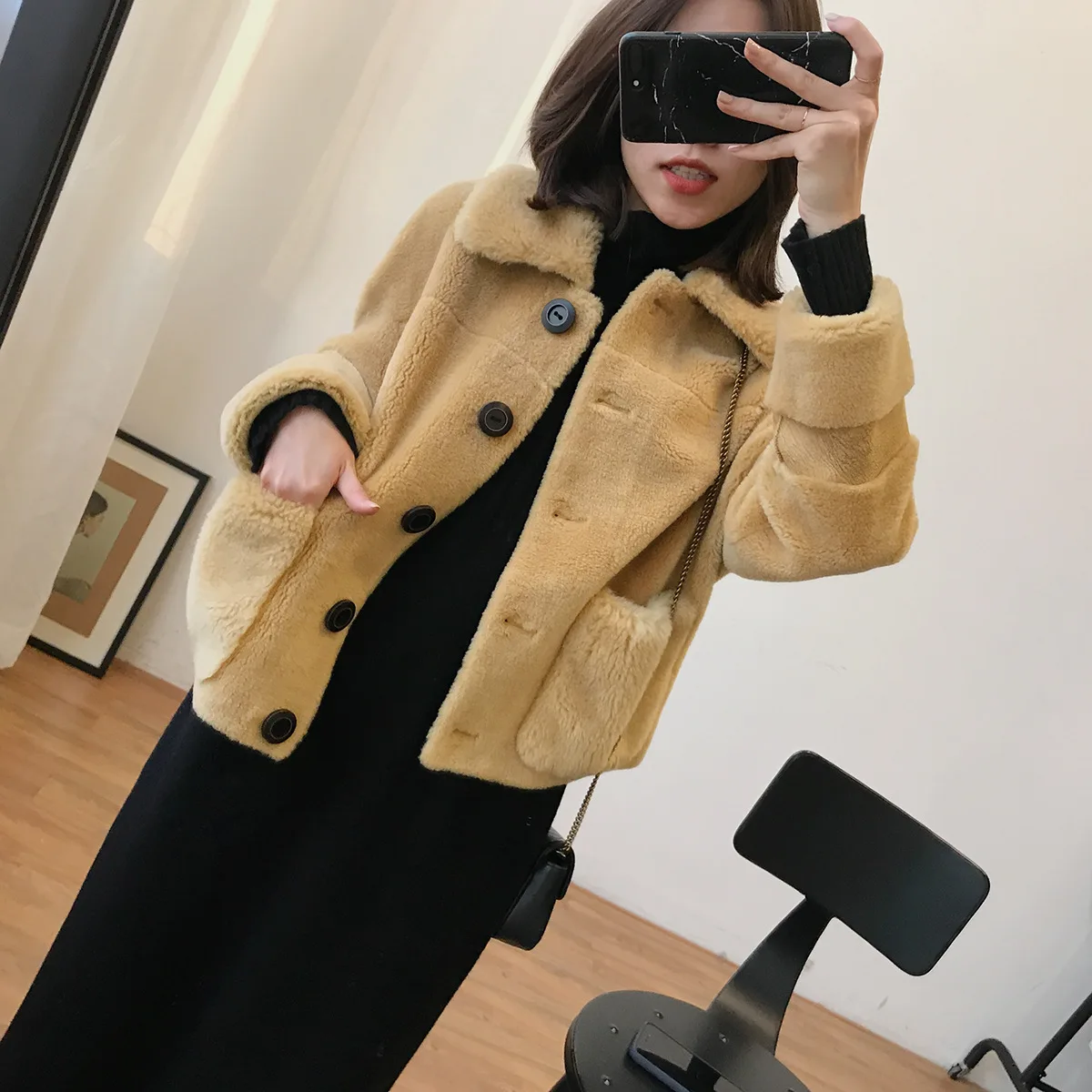 Yellow Короткое пальто из натурального меха Женская осенне-зимняя куртка шерстяная куртка с мехом корейские шубы Veste Fourrure Femme KJ3175 - Цвет: Yellow