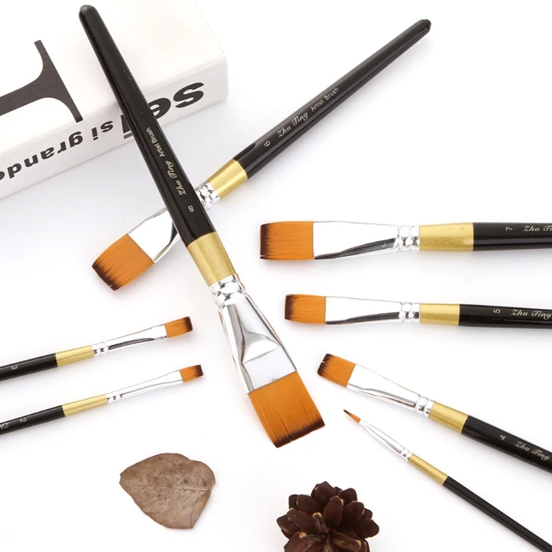 

8pcs Watercolor Acrylic Oil Painting Brush Professional Flat Brushes Set Nylon Hair Wooden Handle DIY Art Paint Brushes 85DD
