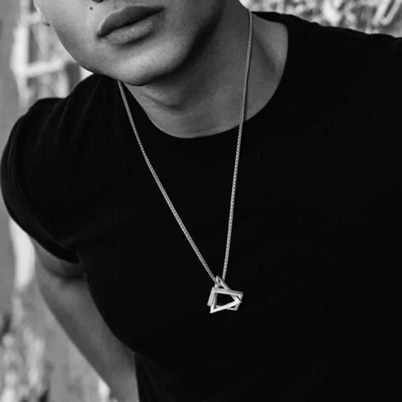 

Vnox Simple Interlocking Square Triangle Pendant Necklaces for Men Stainless Steel Modern Trendy Geometric Stacking Street Wear