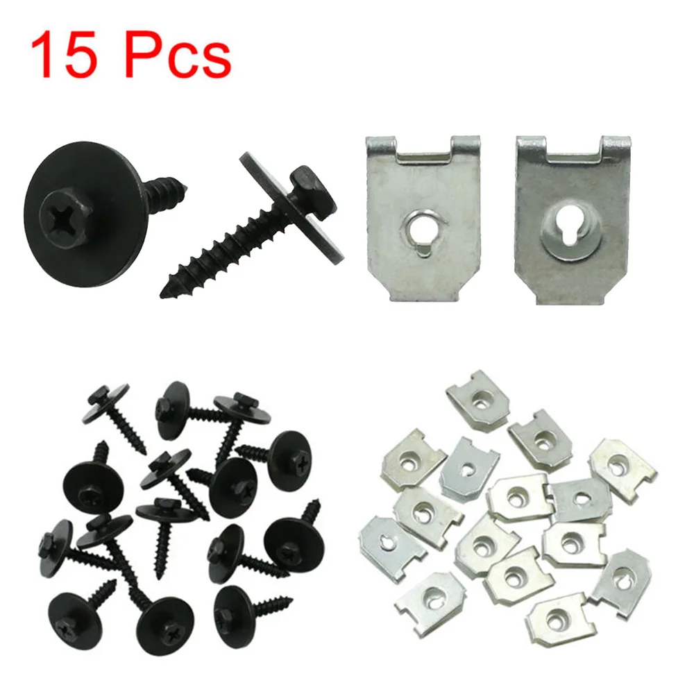 

Moulding Spring U-Type Screw Clips Door Panel Metal Side Skirt Trim 15pcs Bumper