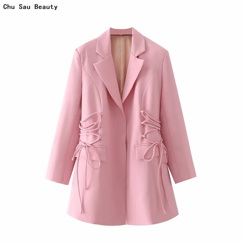 

2021 New Women's Elegant Green Drawstring No Button Suit Jacket Spring And Autumn Fashion Cute Girl Pink Mid-Length Slim Jacket