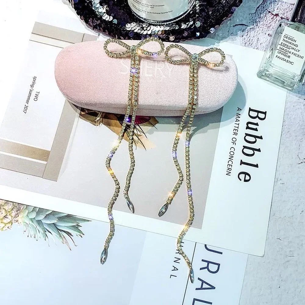 Бантом Длинной кисточкой Висячие серьги в виде капель с кристаллами форме для