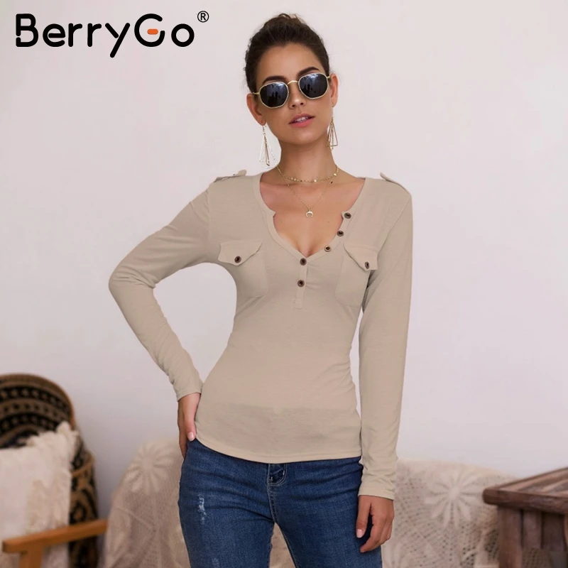 BerryGo сексуальные трикотажные футболки с v-образным вырезом Женские повседневные