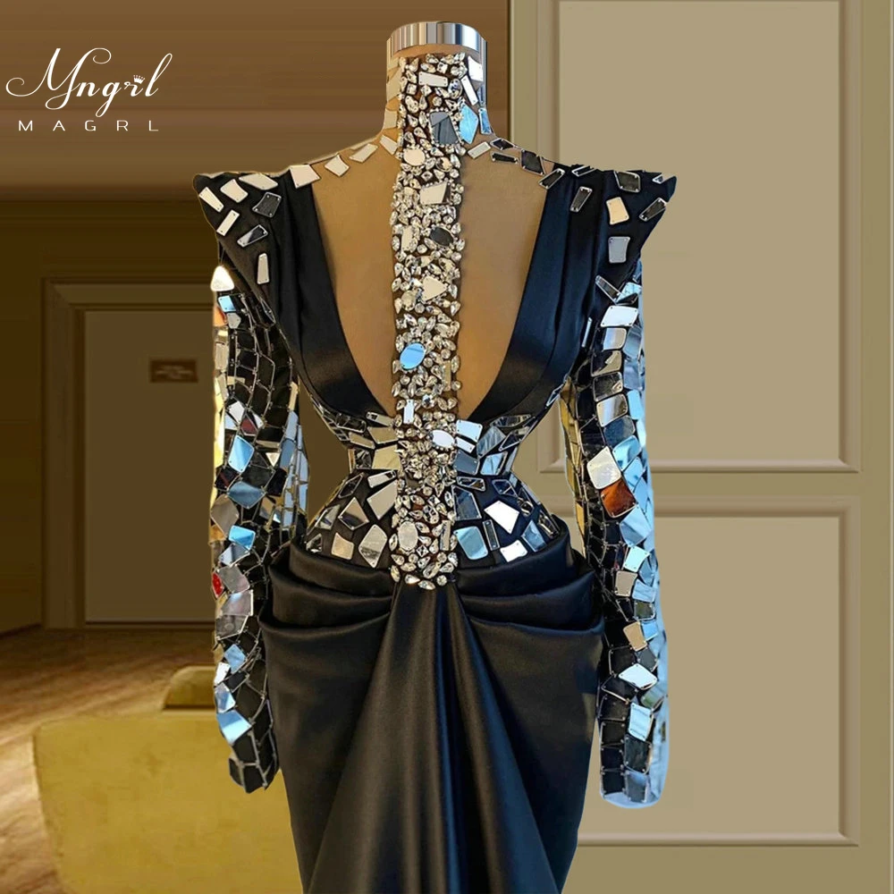 

MNGRL Luxury Evening Dress One-shoulder Long Sleeves Hand-applied Diamonds Glittering 2021 New Evening Dress Party Dress