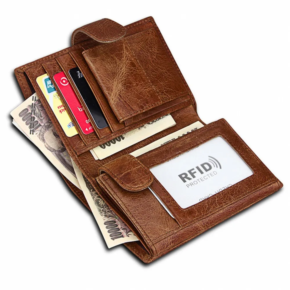 

Good Workmanship Men Cash Mezzanine Crazy Horse Top Layer Cowhide Leather RFID Protection Interlayer Short Wallet Card Bag