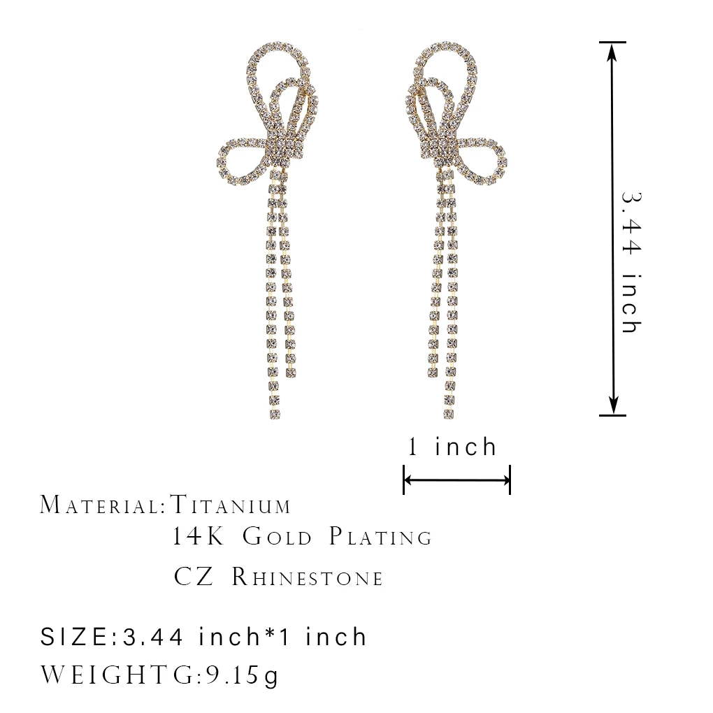 

ONYSS Women Beautiful Luxury Bowknot Shape Jewelry Long Earring CZ Zircon 14K Gold Plated Dangling Earring 2021 Trend