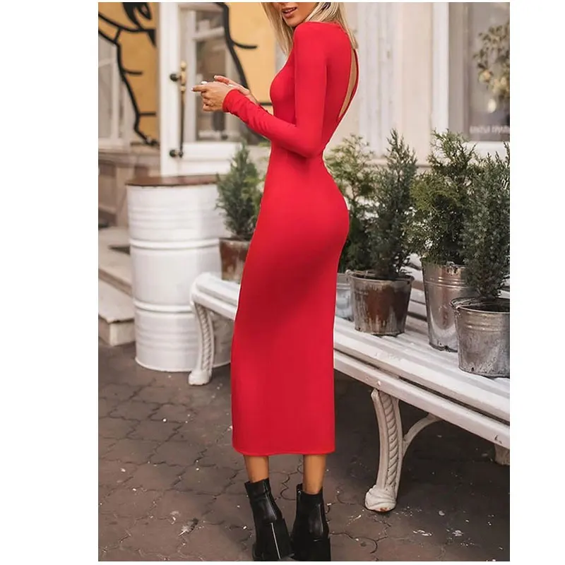 Женское Красное Платье макси с разрезом длинным рукавом и круглым вырезом