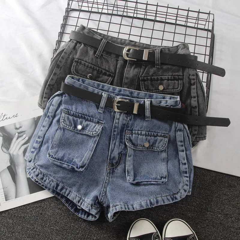 

Женские джинсовые шорты с высокой талией, свободные простые джинсовые шорты с карманами и высокой талией в стиле кэжуал, 9041