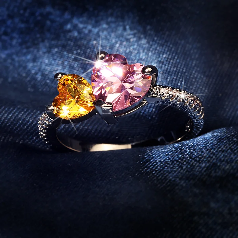 

Exquisite 925 Silver High Quality Pink Double Peach Heart Simulation Diamond Claw Set Zircon Female Novel Ring Engagement Ring